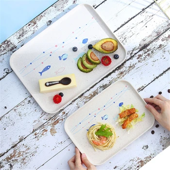 

Wheat Straw Tea Cup Tray Rectangular Plastic Fruit Dessert Plate Breakfast Bread Tray Snack Storage Tray Kitchen Accessories