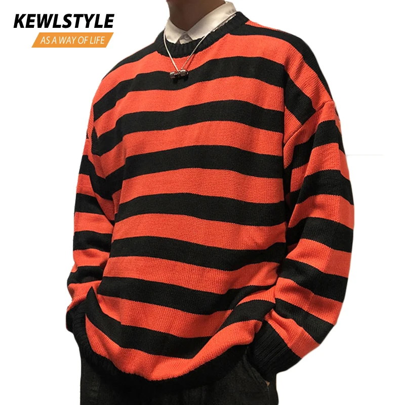 Черный красный полосатый вязаный свитер осень зима Crewneck Мода длинный абзац
