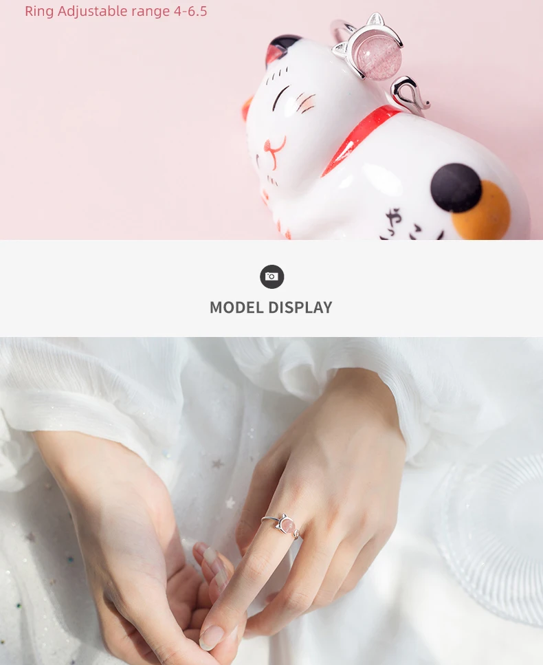 Modian Pink Crystal Cute Cat Face Open Adjustable Ring for Women Fashion Sterling Silver 925 Animal Ring Fine Jewelry Bijoux