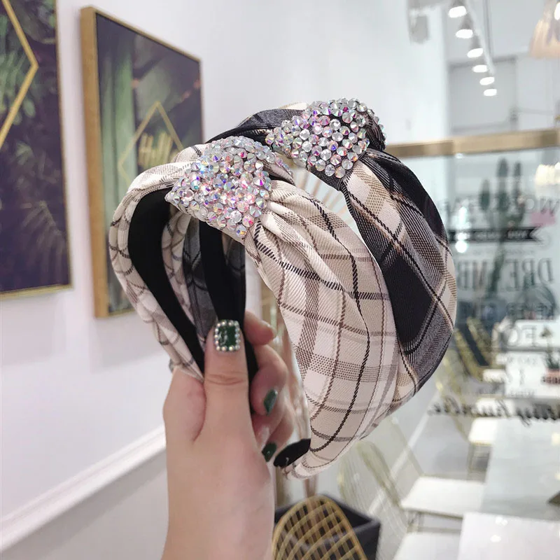 

Korean Plaid Fabric Hair Bands for Women Inlaid Rhinestones Super Flash Headband Knotted Hair Accessories for Women Head Wrap