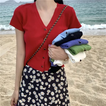 

Summer Girls V-Neck Knitted Casual Solid Short Sweaters Cardigans Women Simple Knit Outwear Crop Top for Female
