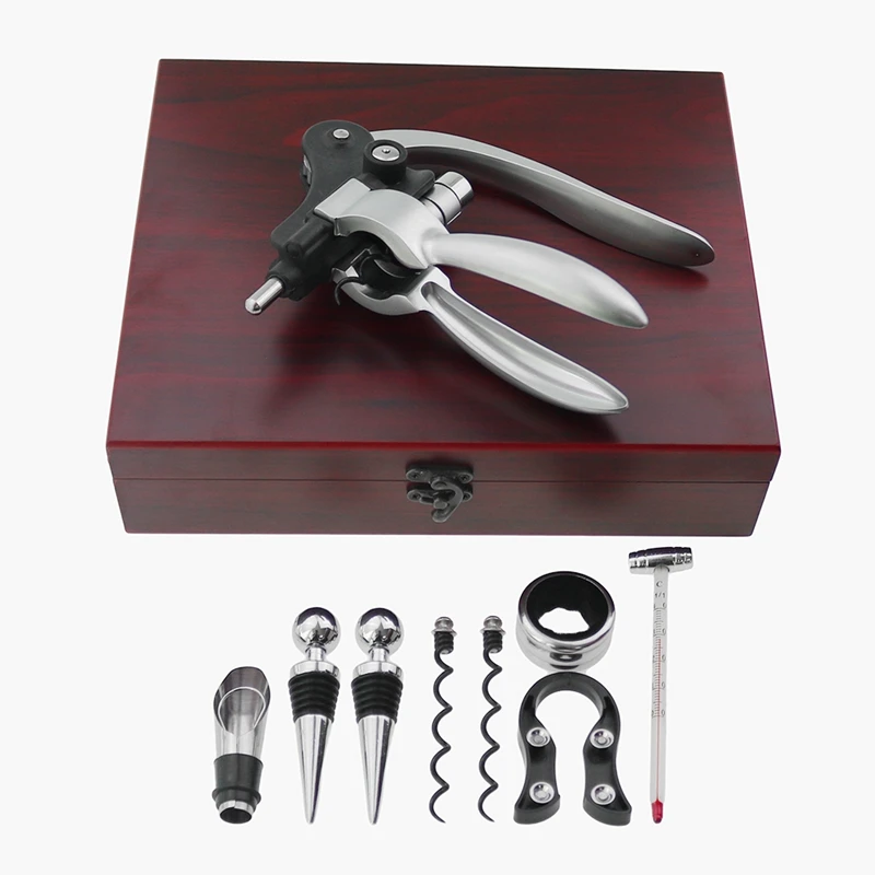 

Red Wine Bottle Opener Set Alloyrabbit Opener Stopper Pourer Set in Box Wooden Case Bottle Opener Suit Open Wine Kit Wine Open