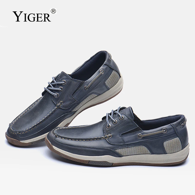 

YIGER NEW men's loafers man Genuine Leather handmade Spring/autumn boat shoes Soft and comfortable Male Lace Up Casual Shoes 430