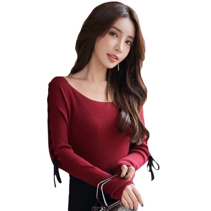 

Autumn Winter Slash Neck Elastic Pullovers Sweaters Women Spring Burgundy Off shoulder Knitted Sweater Female Bottoming Jumper