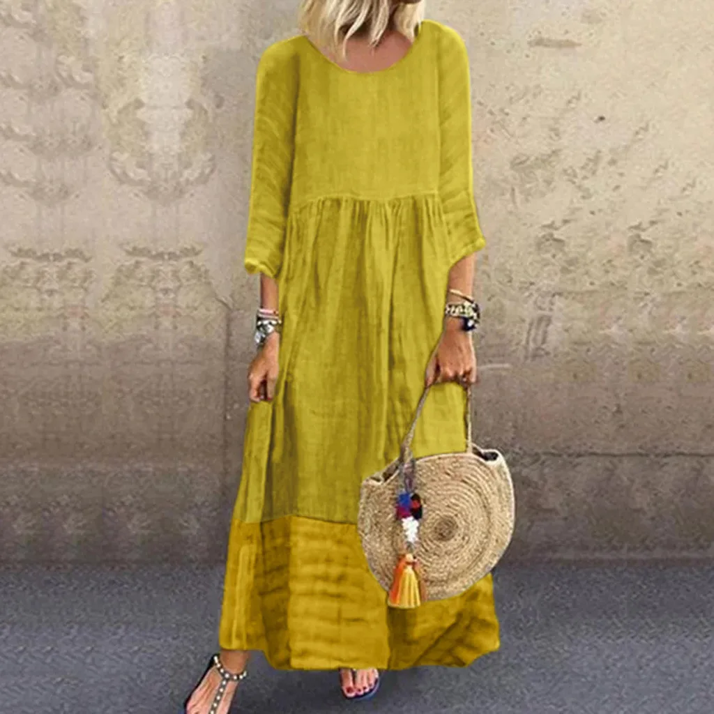 Womens Maxi Dress O Neck Stitching Solid Color Long Sleeve Party Long Dresses Casual dresses woman party night robe femme 2019