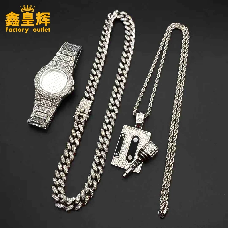

Luxury men's watch frozen Cuban hip hop Watch & Mac Necklace & Bracelet & ring combination men's jewelry set