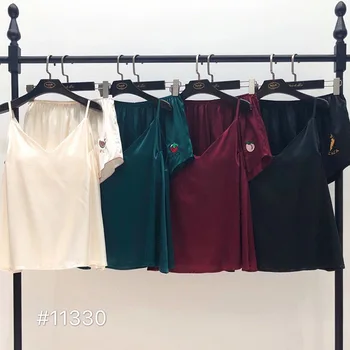 

The Blue Bay Viscose Watermelon Strawberry Peach Radish Embroidery Sexy Beauty Back Suspender Shorts with Coasters GIRL'S Pajama