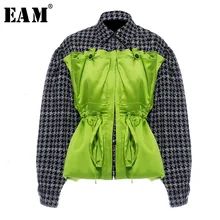 [EAM] Свободная клетчатая куртка большого размера с завязками, новая женская куртка с отворотом и длинным рукавом, модное осенне-зимнее пальто 1H203