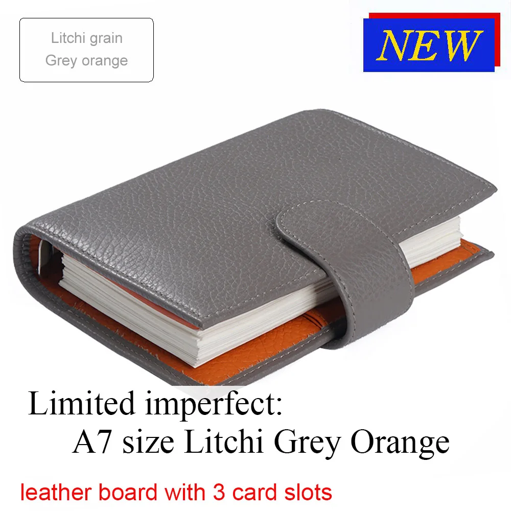 Litchi Grey Orange Ограниченная серия неидеальных колец из натуральной кожи, записная книжка A7 размера, записывающая книжка, журнал органайзера, журнал для зарисовок, планировщик с большим карманом - Цвет: Litchi Grey Orange