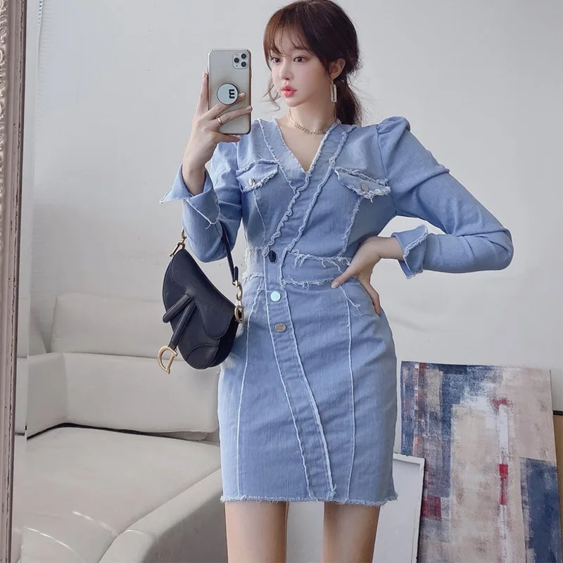 2020 Fashion Jeans Dress for Women Clothing Long Sleeve Singer Button Wrap Blue Dress Woman Casual Elegant Mini Fall Dress Lady