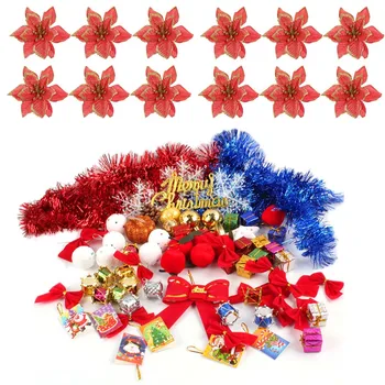 

Besegad 71pcs Christmas Tree Hanging Ornament with 20pcs Red Glitter Artificial Flowers Decoration for Xmas Party Decor Supplies