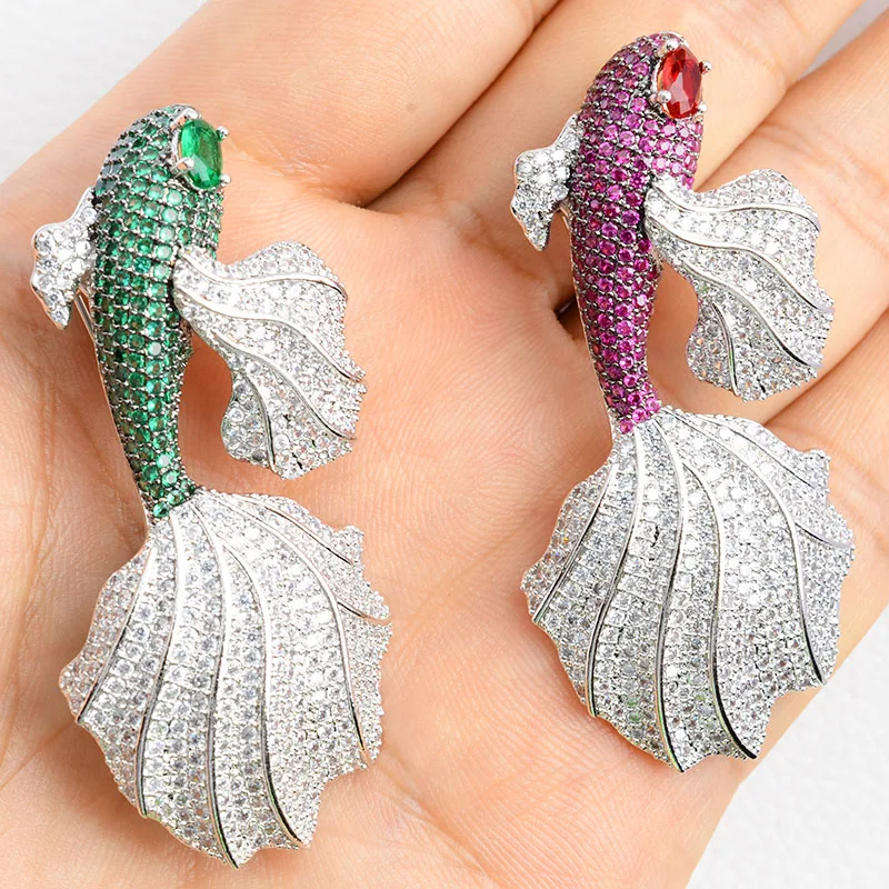 Clear and Fuchsia cz Goldfish Golden plated Paved CZ Brooches Necklace Pendant