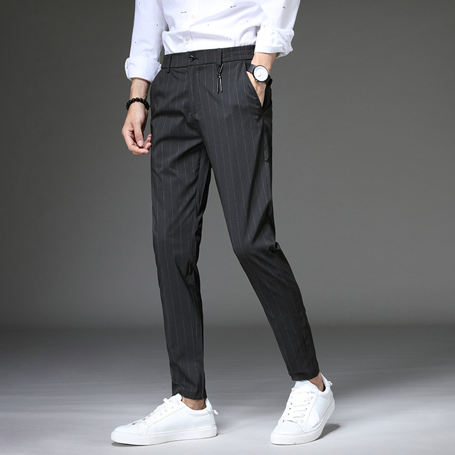 New Brand Mens Spring Summer Casual Pants Men Striped Elastic Straight Gray Trousers Plus Size 33 34 36 38