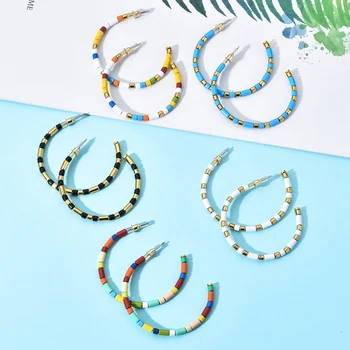 

Fashion Bohemia Rainbow Tile Beads Hoop Earrings for Women Vintage Coloful Circle Hoops Titanium steel Earring Jewelry Female