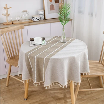 

Restaurant Cafes Ornament Living Room Tassel Multifunctional Wedding Banquet Cotton Linen Solid Round Table Cloth Home Decor