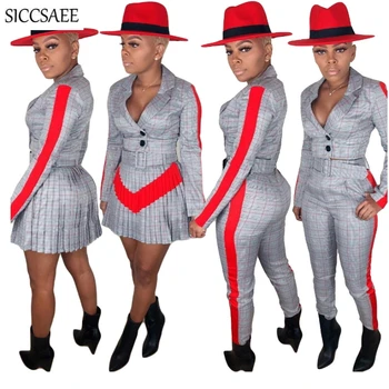 

2019 Autumn Plaid Printed Two Piece Set Checkered Outfits For Women Cardigan Crop Top Pleated Pencil Long Pants Suits Clothing