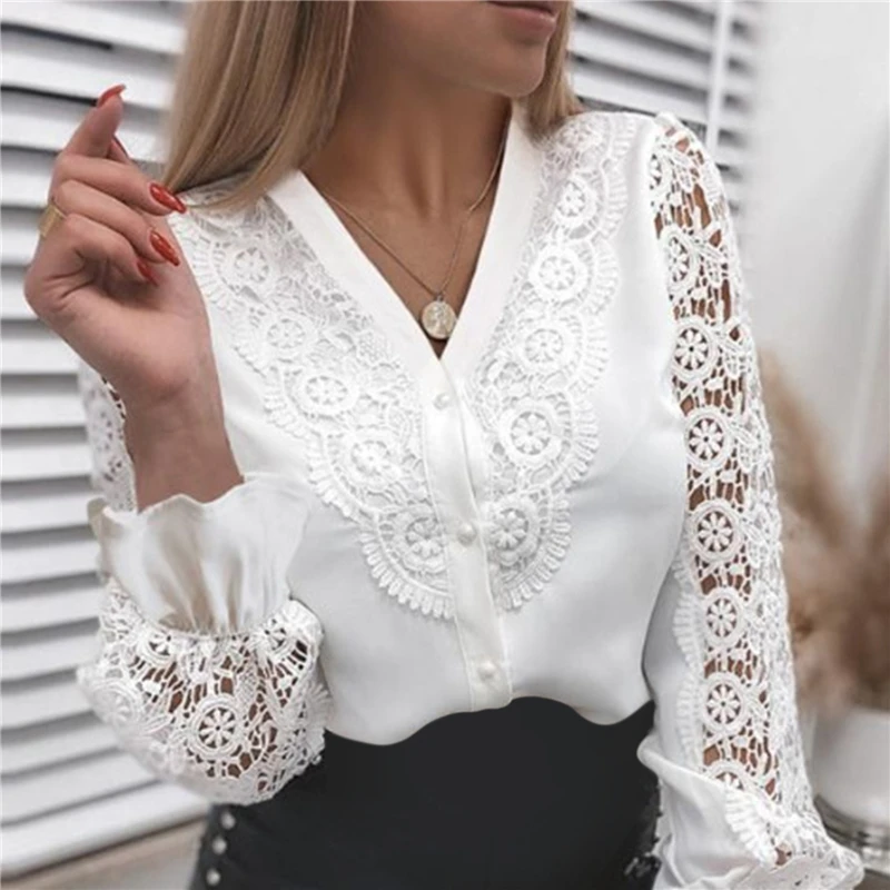 Women Sexy Lace Patchwork Hollow Out T-Shirt Long Sleeve Crew Neck Button Mesh Design Tops Spring Fashion White Vintage T Shirts | Женская