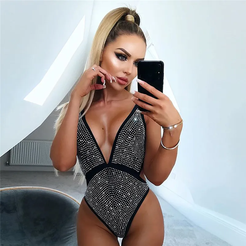 Sexy Deep V Neck Bodysuit Lace Shining Rhinestone Women Nightwear White Gypsophila Bustier and Corset Overalls Femlae Body Top Sexy Deep V Neck Bodysuit Lace Shining Rhinestone Women Nightwear White Gypsophila Bustier and Corset Overalls Femlae Body Top