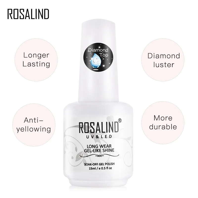 ROSALIND 15ml Top Coat For Nail Gel Polish Diamond Transparent Soak Off UV Primer Gel Lacquer Semi Permanent All For Manicure 3