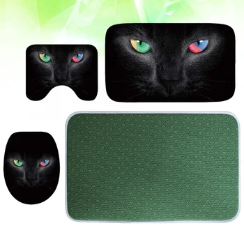

1 Set of 3pcs Flannel Bathroom Kit 3D Printed Anti-slip Carpet Toilet Contour Rug Closestool Lid Cover - Size S (Cat Eye)