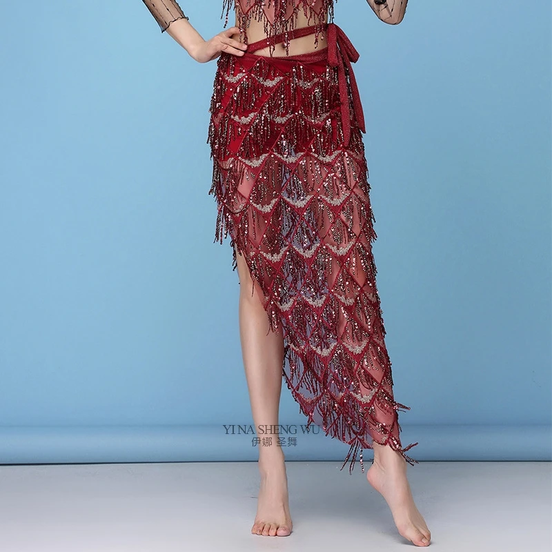Сексуальный женский комплект для танца живота с блестками, тренировочные костюмы для танца живота, прозрачный сетчатый топ с длинным/половинным рукавом, кисточка, шарф, юбка - Цвет: 1188 Red Skirt