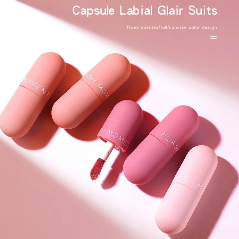 

New Matte Velvet Capsule Lip Glaze Lip Tint Moisturizing Non-Stick Cup Mirror Three-Layer Lip Gloos Set