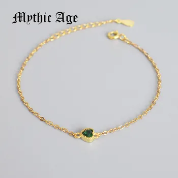 

MYTHIC AGE 15+3cm Real 925 Sterling Silver Bracelet For Women Heart Green Cz Crystal Gold Plated Fine Jewelry Gift for Girls