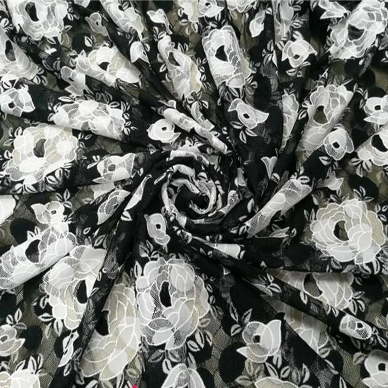 黑白 撞色 玫瑰花朵 四面弹力网纱蕾丝布料3-800