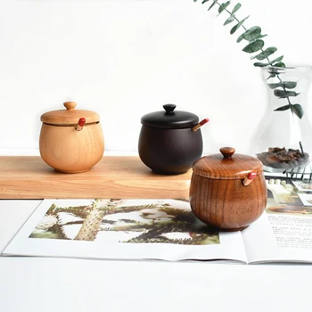 

New Wooden Sugar Bowl With Lid Spoon Spice Jar Seasoning Can Modern Home Kitchen Storage Container Supplies