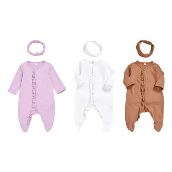 

Autumn New Style Baby Romper Pure Cotton Pure Color Ruffled One-piece Foot-wrapped Trousers Romper +Headband Flower
