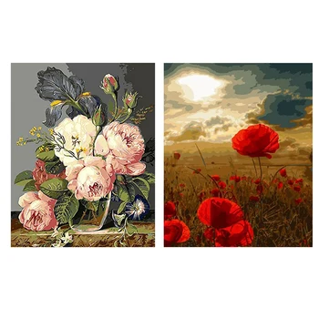 

2 Set Diy Digital Oil Painting By Numbers Hand Painted Paint By Number - Floral Flowers Pattern & Abstract Vase Pattern