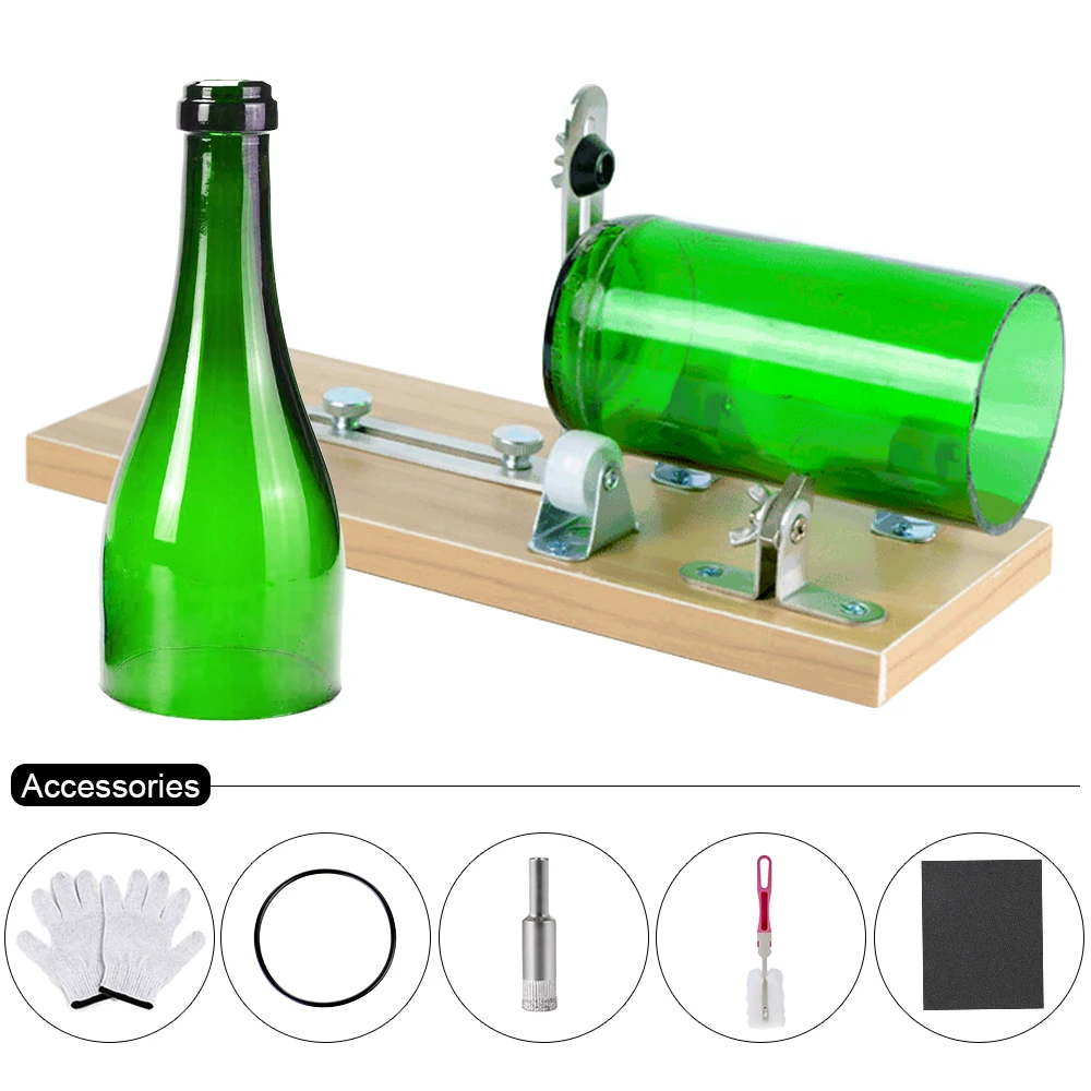 6pcs Wooden 3-wheel Резак для стеклянных бутылок Профессиональный DIY машина для резки вина пива алкоголь виски шампанское ремесло с перчатками инструмент для очков комплект - Цвет: 6pcs Wooden 3-wheel