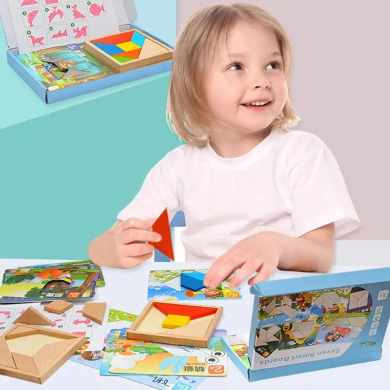 Деревянная головоломка Tangram 7 шт., красочная квадратная игра IQ, головоломка для мозга, интеллектуальная забавная обучающая игрушка для детей