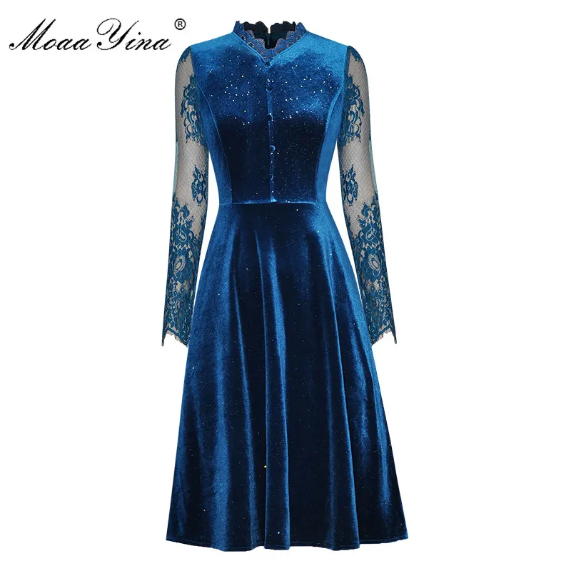

MoaaYina Fashion Designer dress Spring Women's Dress V-neck Lace Long sleeve Lurex Velvet Slim Elegant Dresses