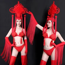 Весенний праздничный наряд Gogo Dance Ретро ведущее бикини для танцев красный костюм бар DS представление одежда ночной клуб сексуальная сценическая одежда