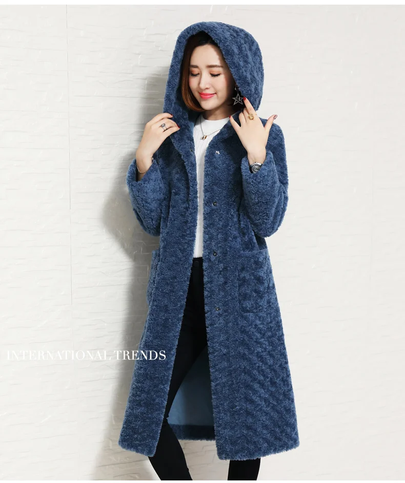 AYUNSUE, Женское пальто с натуральным мехом, осенне-зимняя шерстяная куртка для стрижки овец, длинное меховое пальто с капюшоном, куртки, Двусторонняя одежда 88015-1