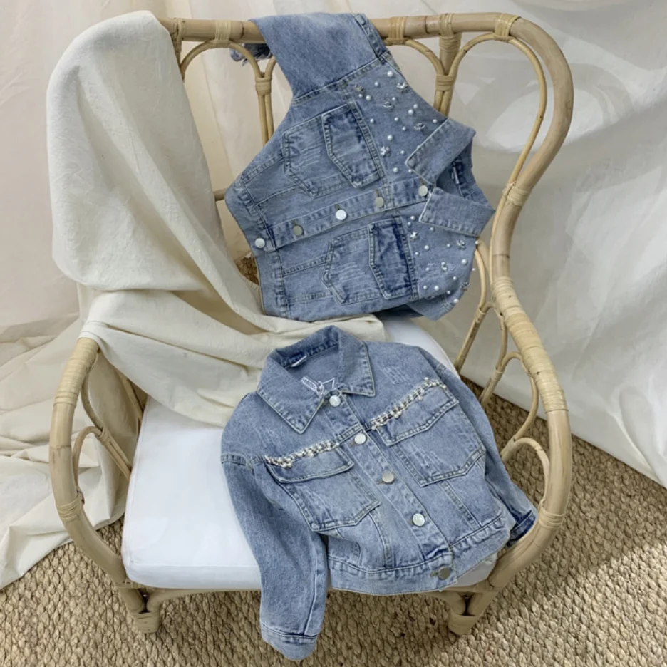 

Spring autumn Fashion Baby Girl Bead Denim Jacket for Kids Girls Toddler Outerwear Coat Tops Kids Infant Girl