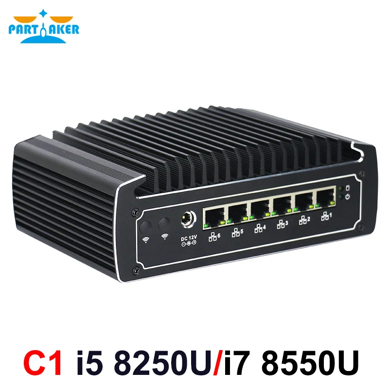 Partaker 8Th Gen Intel I5 8250U Quad Core Mini Computer Senza Ventola 3867U Con 6*1000M Lan I7 8550U Mini Pc Pfsense Firewall Pc