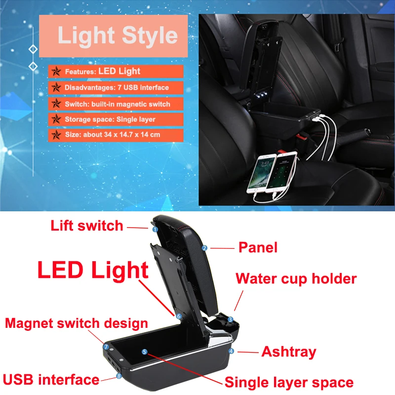 Автомобильный подлокотник коробка для Peugeot 208 2014 2018 USB зарядка светодиодный