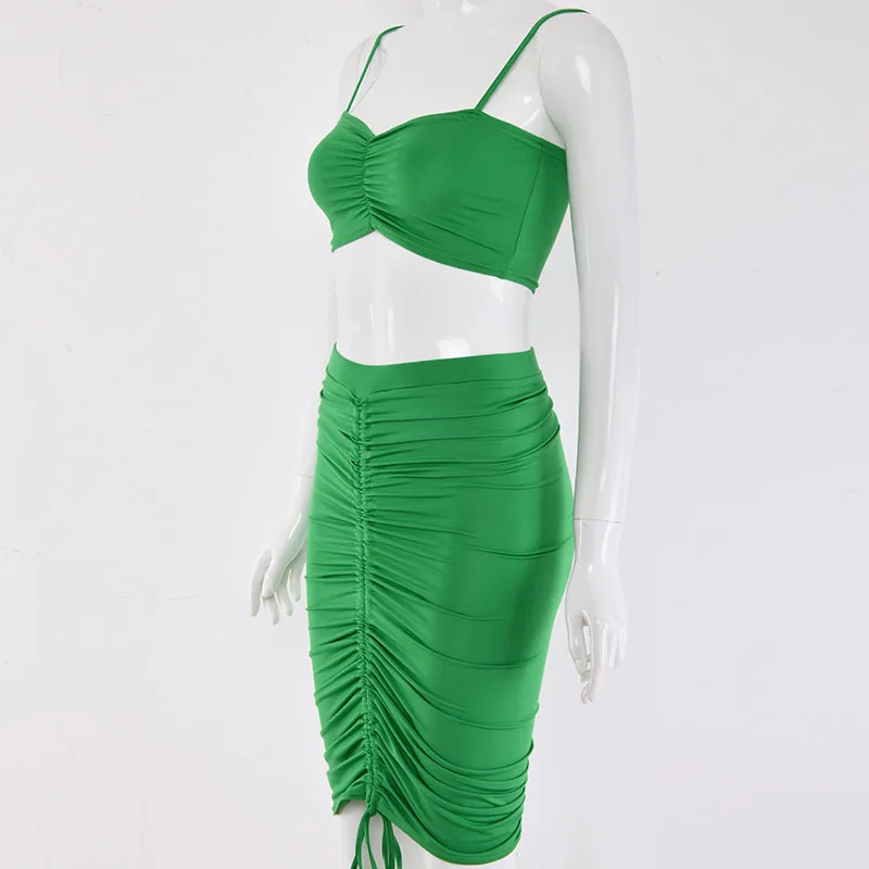 Весенние женские комплекты из 2 предметов, комплекты без бретелек, Клубная сексуальная клубная одежда, вечерние женские одноцветные кроп-топы и плиссированные юбки - Цвет: Green
