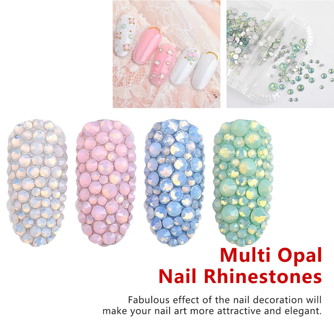 

1 Pack Multi Size SS4-SS20 Opal Nail Rhinestones Flat Bottom Colorful Crystal Glass Gems For DIY UV Gel 3D Nail Art Decorations