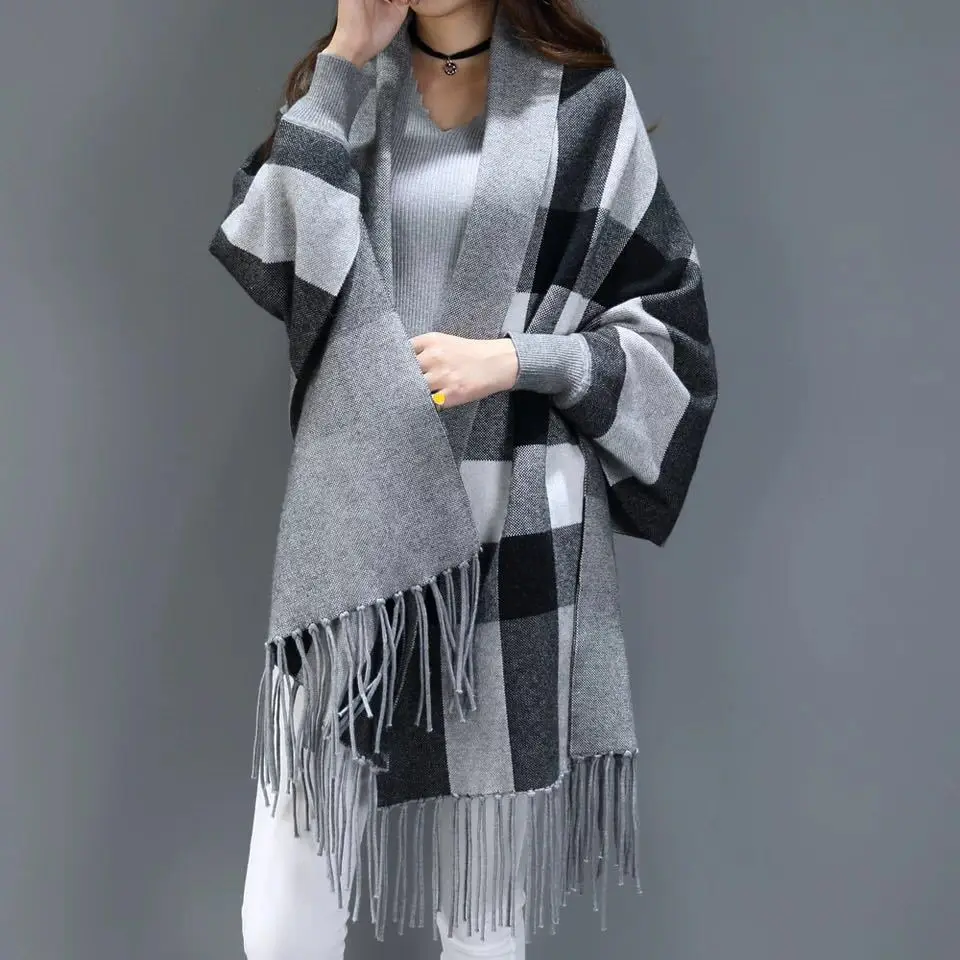 Women Hot Oversize Lattice Scarf Winter Knitted Plaid Poncho Capes