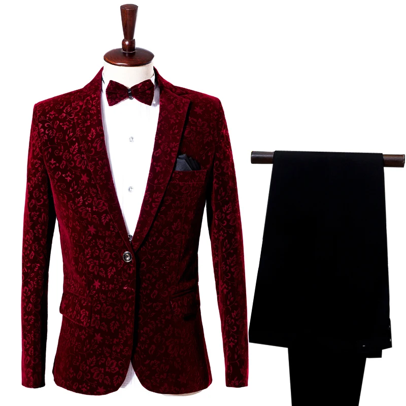 Boutique pattern business men's suit set wine red lapels slim suit men's formal wear wedding party clothing(coat+ pants - Цвет: as picture
