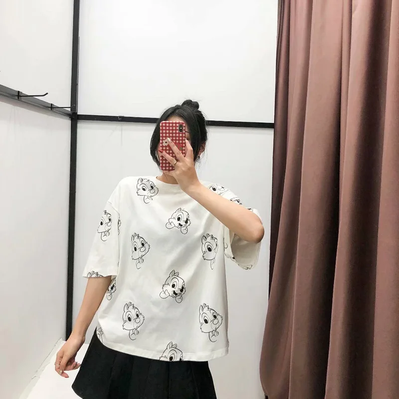 

Casual patchwork t shirt cartoon squirrel white summer ropa mujer o-neck t shirt women cute plus size tees new za 2019