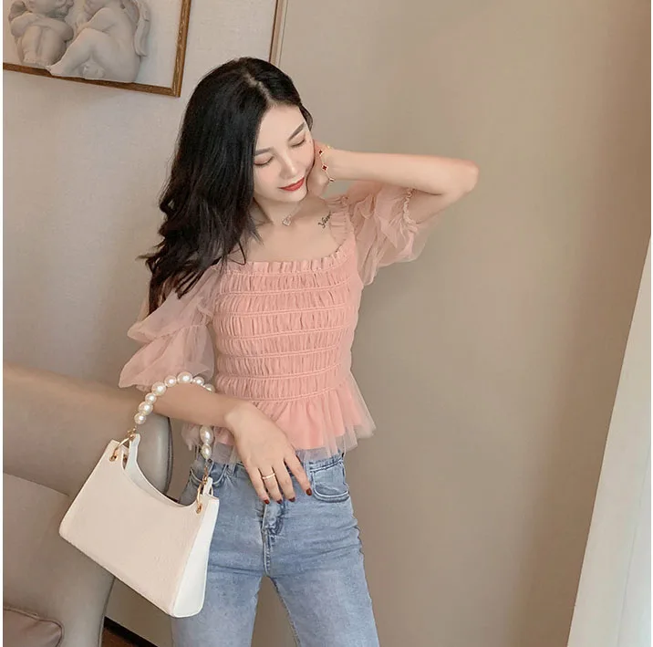 Blusa De Manga Corta Para Mujer Cuello En V, Doble Capa De Gasa Estilo  Casual Para Verano