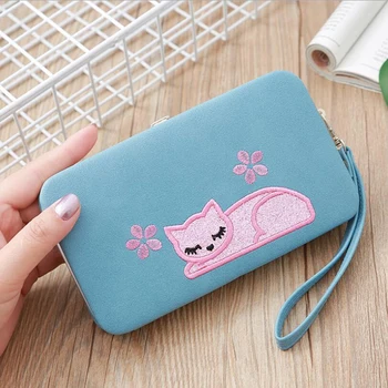 

New Cartoon Long Female Wallet Embroidered Cat Large Capacity Clutch Bag Classic Style Ladies Purse Cute Card Wallet