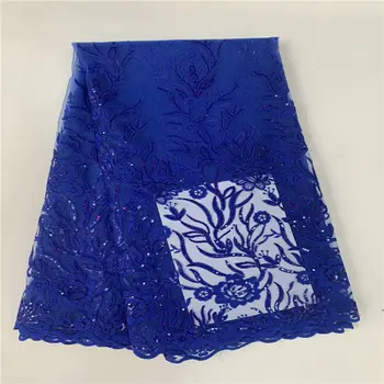 

Latest Pure Blue African Embroidery Tulle Lace Fabric 2020 High Quality French Milk Silk Lace Fabric With Sequins 5Yards/lot