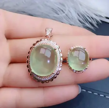 

Real Natural Prehnite jewelry set Natural Real Prehnite 925 sterling silver 1pc pendant,1pc ring