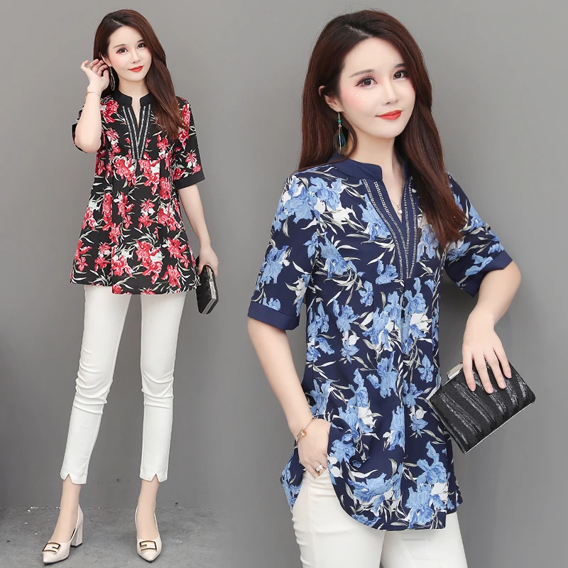 COIGARSAM 5XL Plus Size Short Sleeve blouse women New Summer Chiffon V-Neck blusas womens tops and blouses Red Blue 1880 | Женская