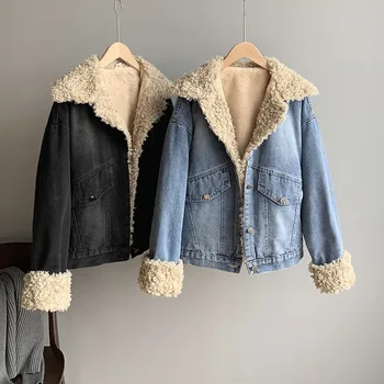 

MyZyQg Retro Short Denim Coat Women Casual Loose Korean Faux Rabbit Fur Jean Jacket Streetwear Clothes MZ1289